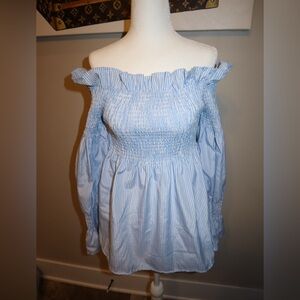 Striped Off Shoulder Smocked Puff Sleeve Boho Summer Blouse Medium